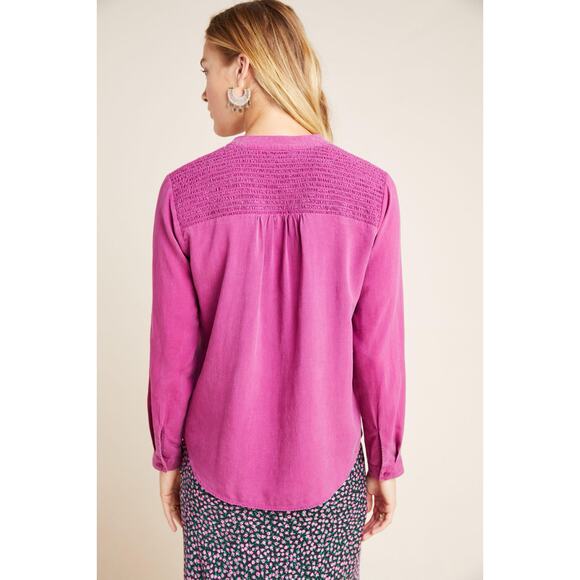 Anthropologie Cloth & Stone smocked Magenta Pink Long Sleeve Button Tencel Top - Picture 4 of 13